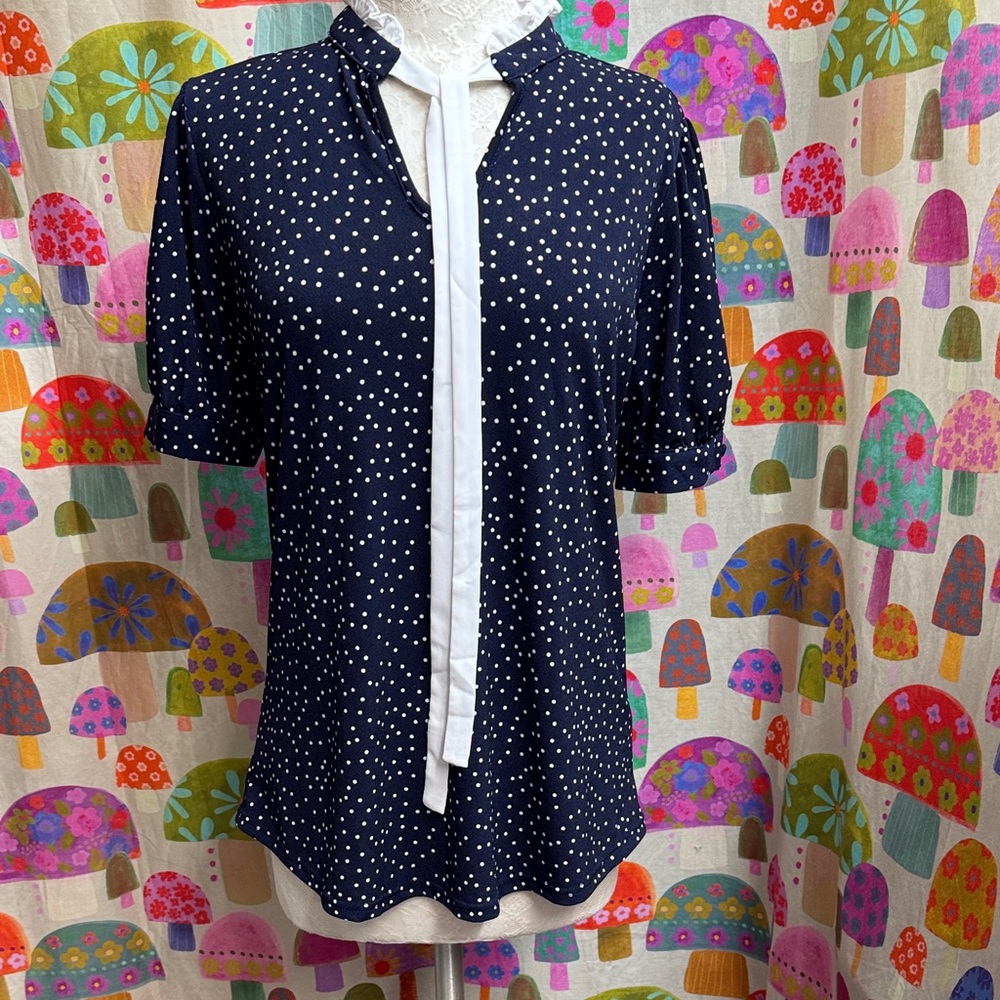 Flower and Feather Polka Dot Short Sleeve Tie Front Blouse. Medium